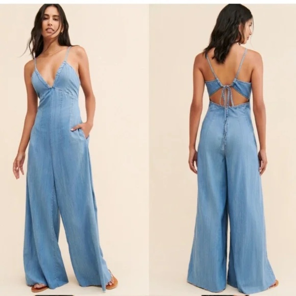 NWT Free People We The Free crvy hearts desire blue denim jumpsuit size medium